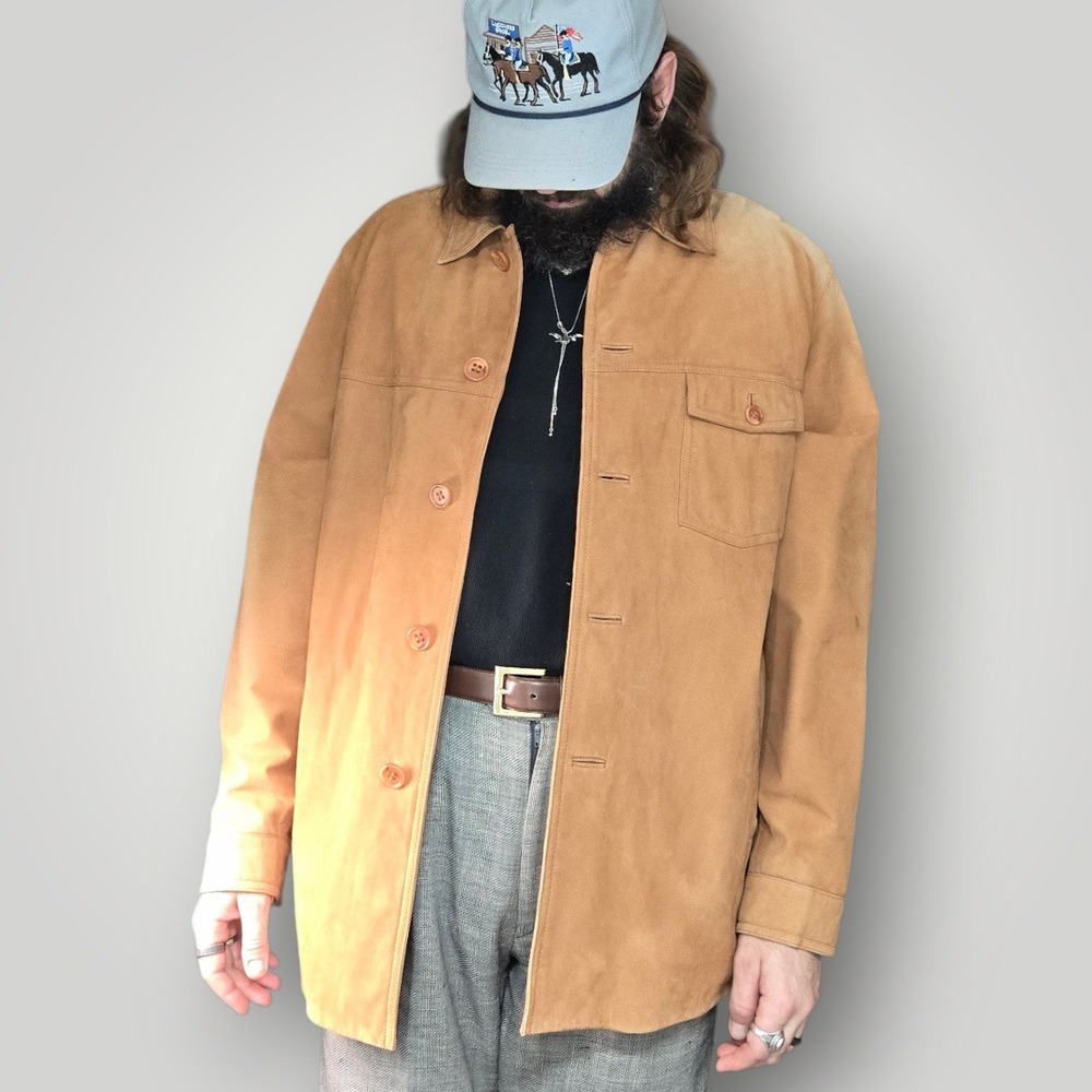 VTG Danier 36-38 Chore Coat Men Canada Tan Genuine Leather Buttn XL Jacket Suede